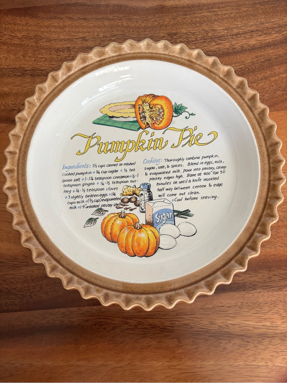 Vtg Pumpkin Pie Recipe Ceramic Pie Plate 10.5 inches Japan
